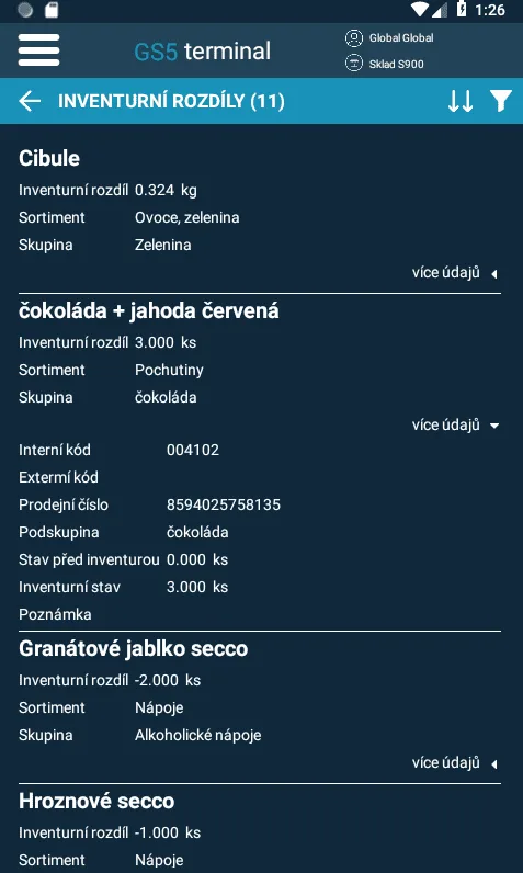GS5 terminal inventurní rozdíly